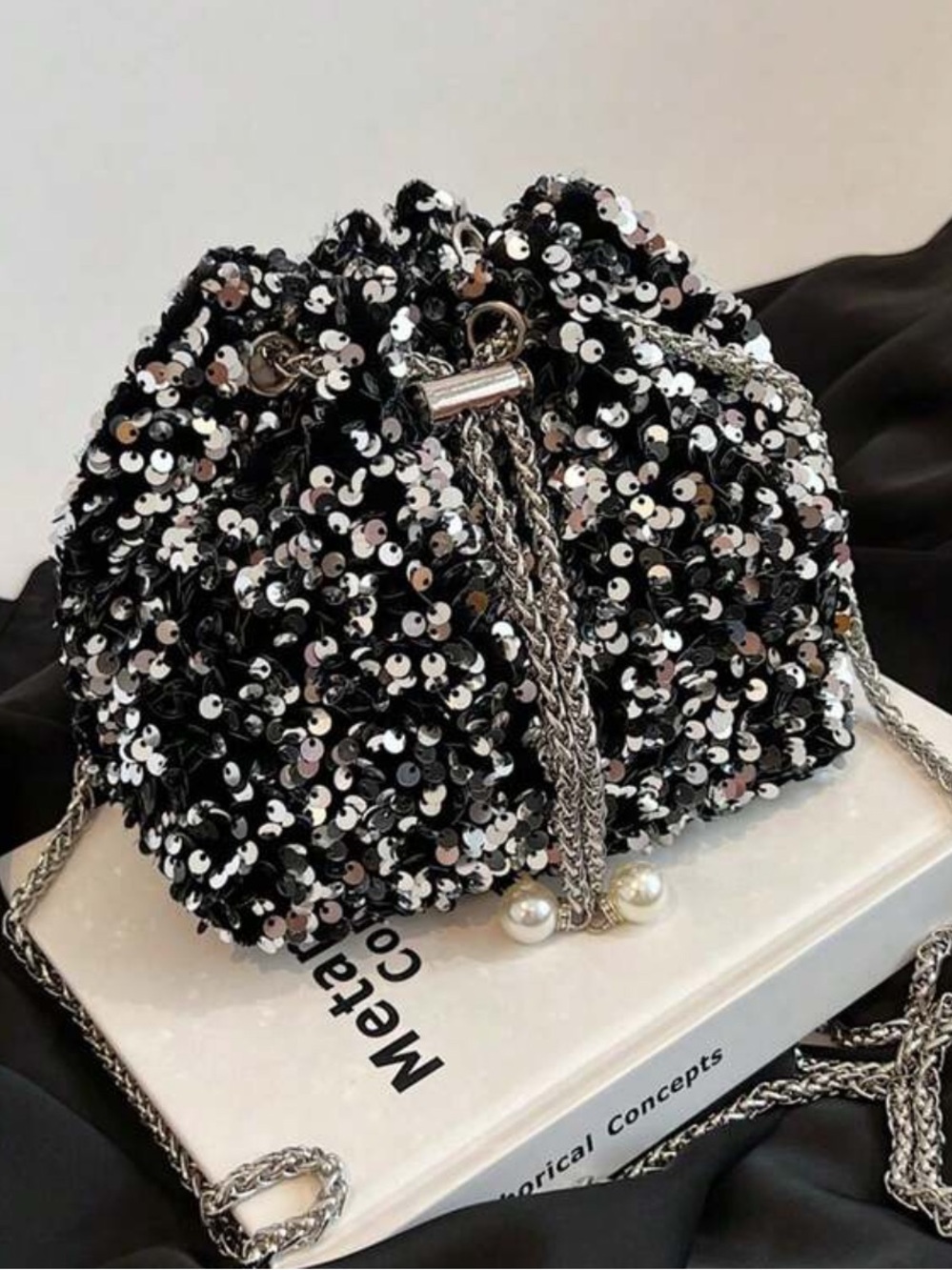 Sequin Black & Silver Drawstring Mini Bag NEW 🏷️